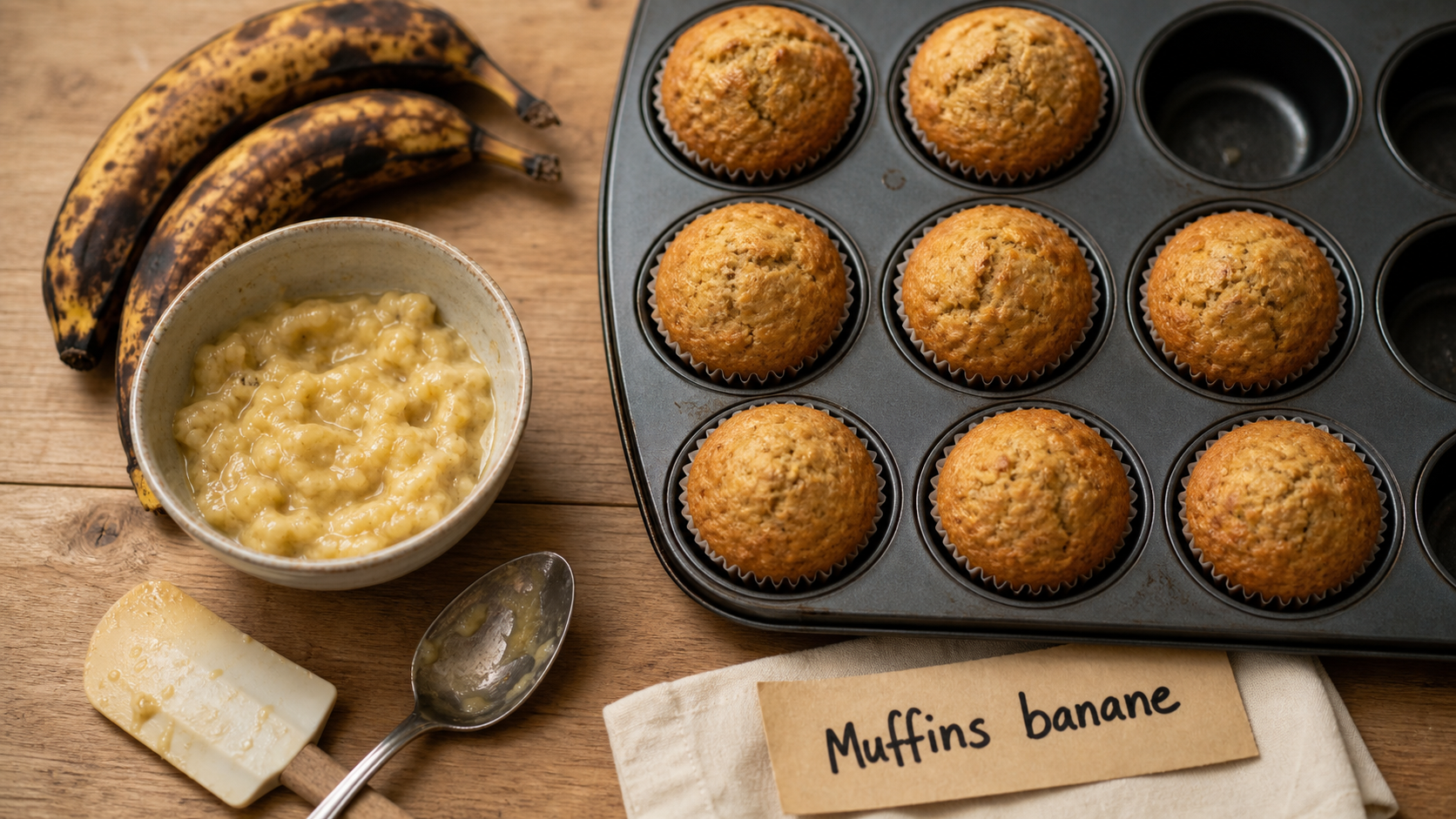 Recette muffin banane moelleux : huit muffins aux bananes très mûres, mie moelleuse