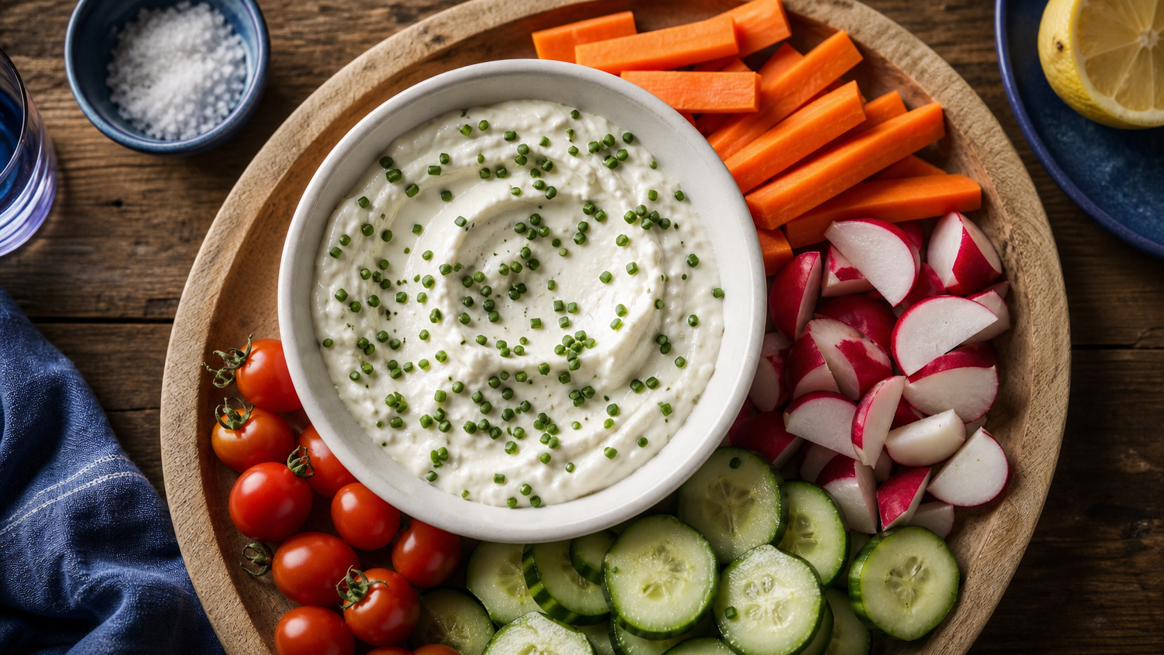 Sauce crudité pour apéro au fromage blanc avec herbes, crudités