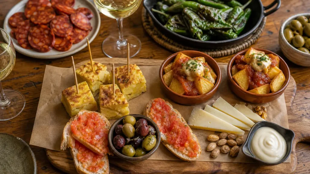 Tapas espagnols maison : tortilla, patatas bravas et pan con tomate