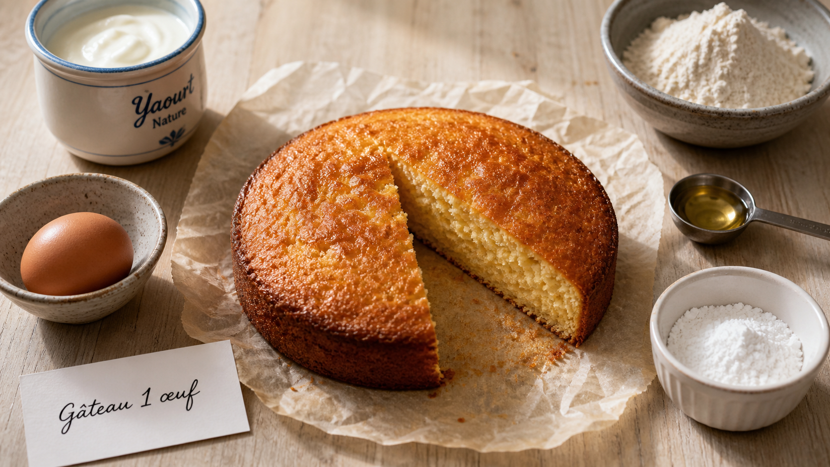 Un gateau avec un oeuf moelleux au yaourt, vue de dessus