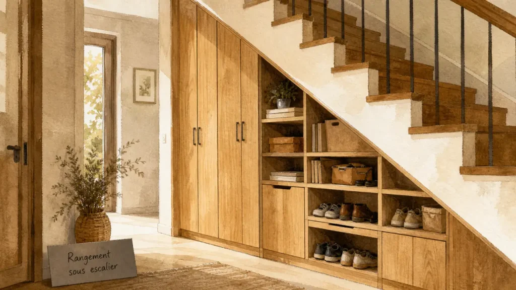 Aménagement sous escalier avec placard à portes battantes en chêne clair