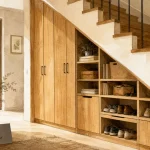 Aménagement sous escalier avec placard à portes battantes en chêne clair