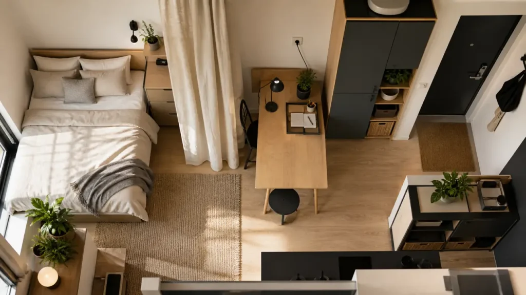 Aménagement studio 25m2 ikea : zones dormir manger travailler ranger