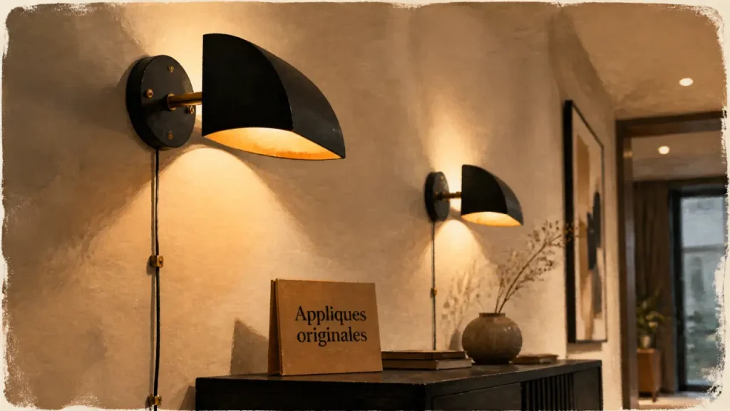 Appliques murales originales en métal noir mat, halo lumineux sur mur clair