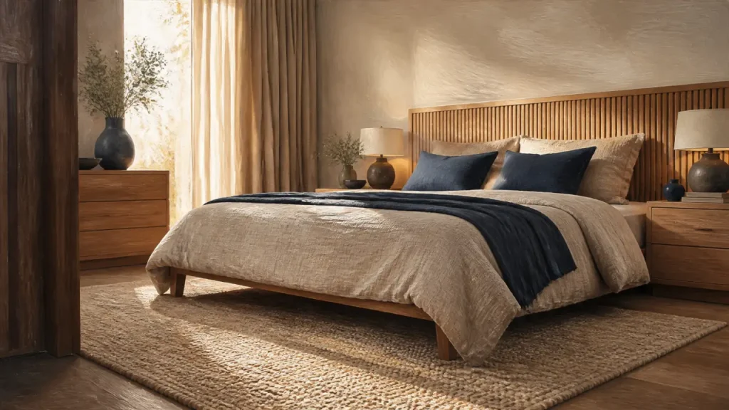 Chambre design contemporaine : lit lin beige et matières nobles