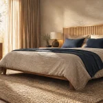 Chambre design contemporaine : lit lin beige et matières nobles