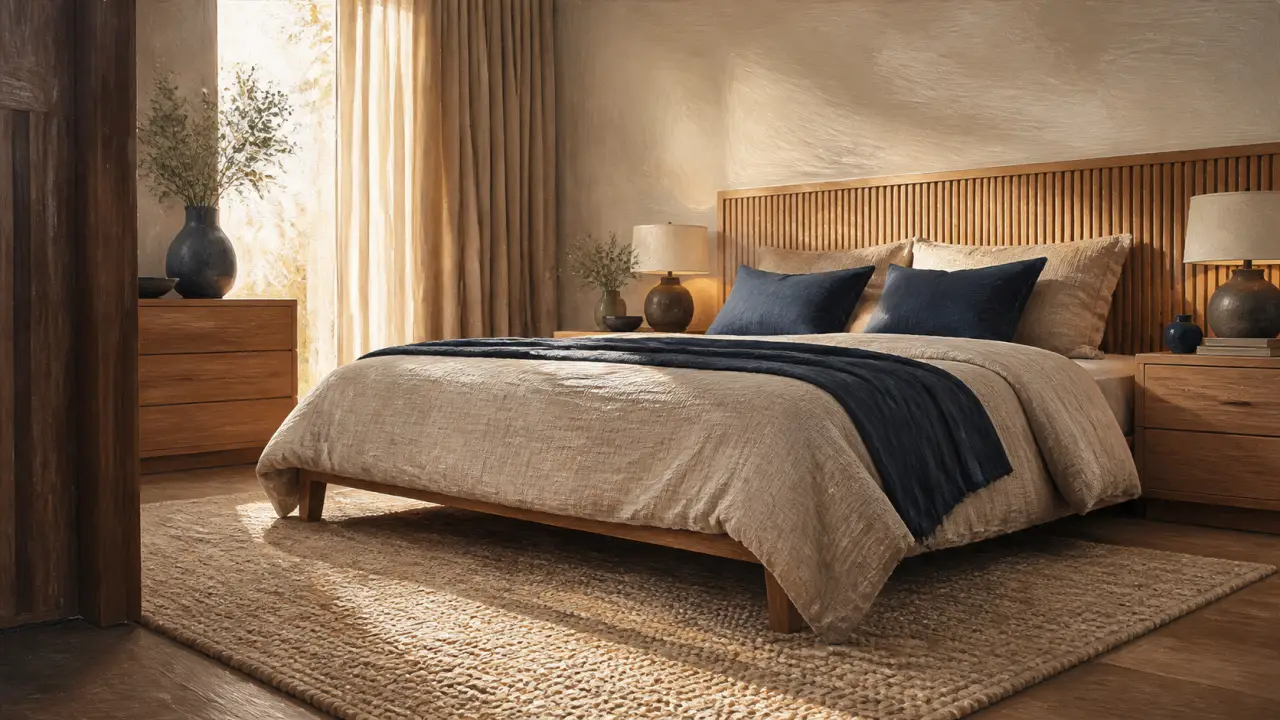 Chambre design contemporaine : lit lin beige et matières nobles
