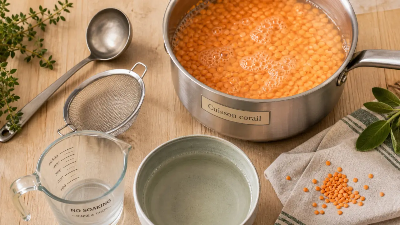 Cuisson lentilles corail : 3 volumes d’eau, 10 minutes