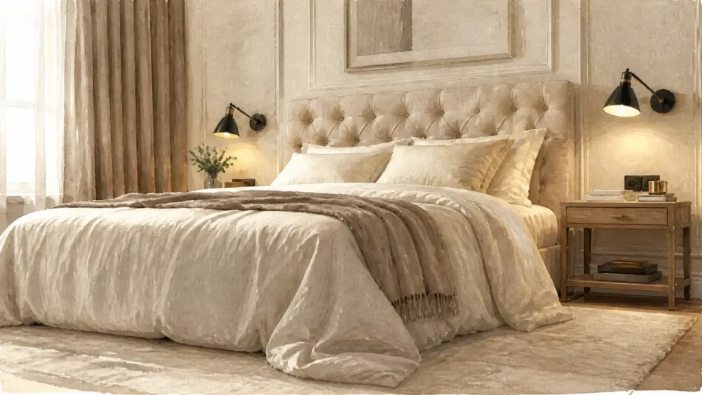 Déco chambre adulte chic : tête de lit capitonnée beige, lumière chaude tamisée