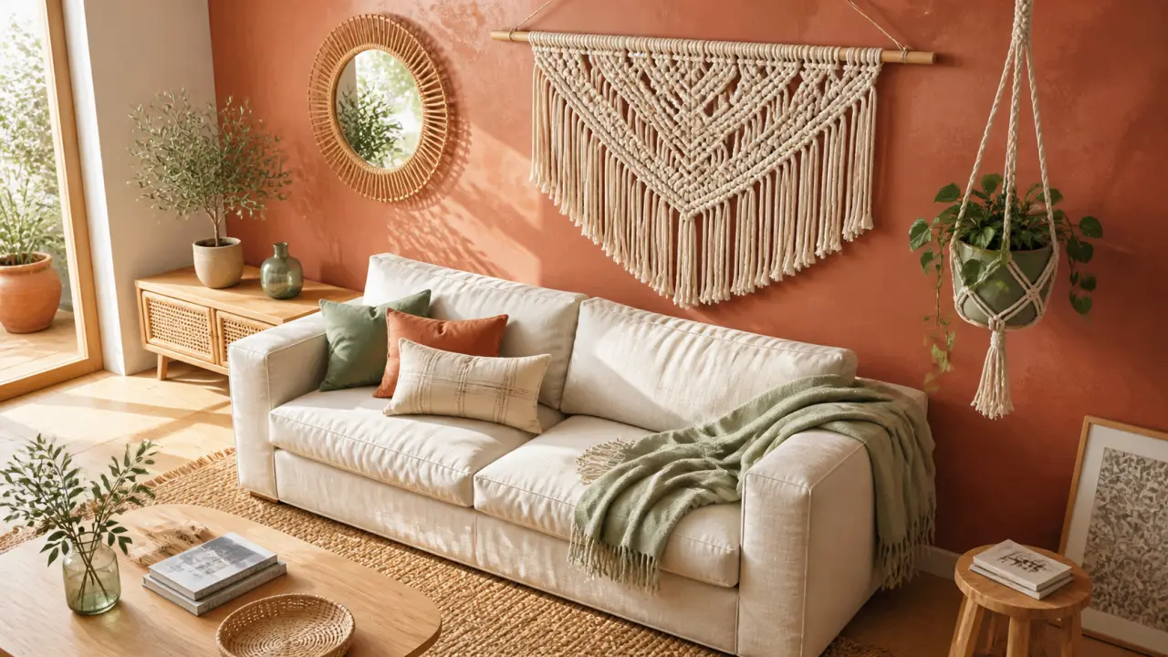 deco macrame : tenture murale et suspension macramé dans un salon lumineux
