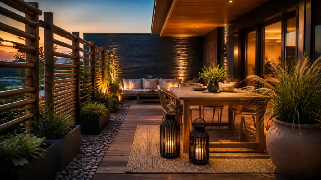 Déco pour terrasse : table teck, lanternes LED, tapis sable, mur ardoise