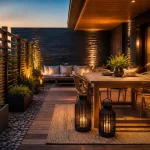 Déco pour terrasse : table teck, lanternes LED, tapis sable, mur ardoise