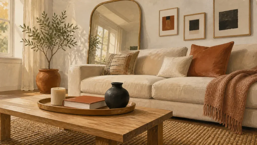Décoration interieur : salon lumineux minimaliste, miroir et matières naturelles