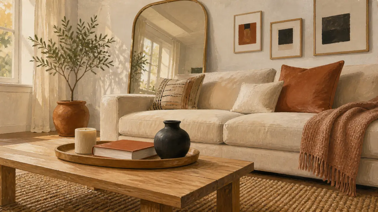 Décoration interieur : salon lumineux minimaliste, miroir et matières naturelles