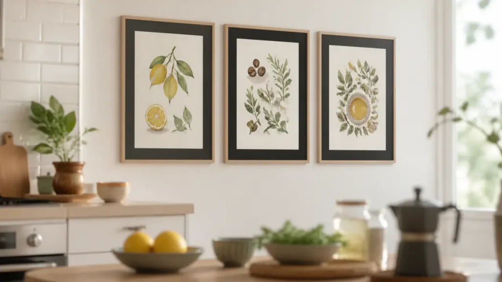 Décoration murale cuisine avec affiche citrons et feuilles sur mur lumineux