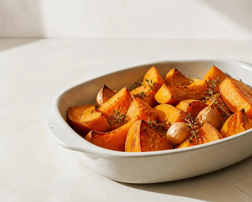Recette potiron au four doré et fondant dans un plat de service
