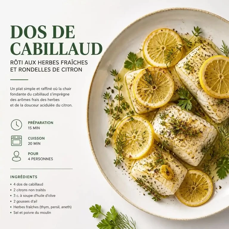 Dos de cabillaud rôti aux herbes et citron, une recette de cabillaud savoureuse et facile.