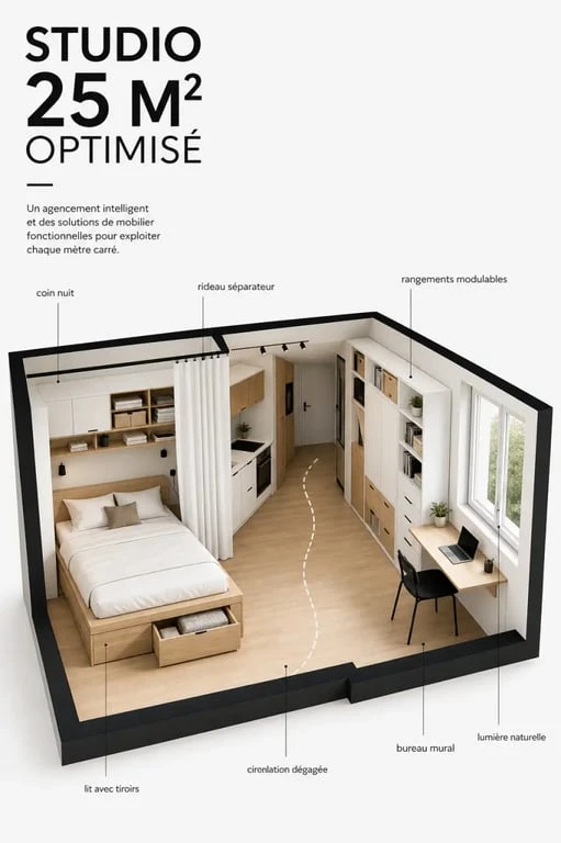 aménagement studio 25m2 ikea avec coin nuit séparé, bureau compact et rangements modulables
