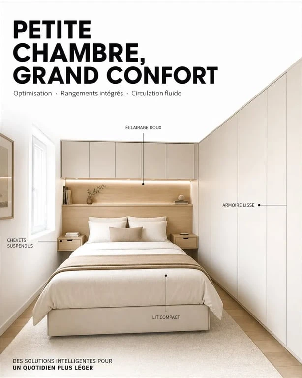 Petite chambre design optimisée avec rangements intégrés et palette claire