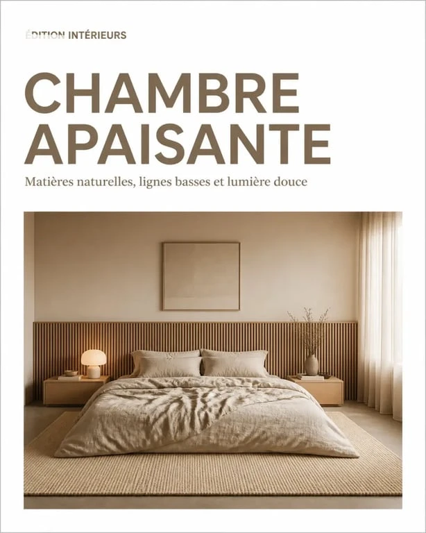 Chambre design contemporaine chaleureuse avec lit en lin beige et tête de lit en bois cannelé