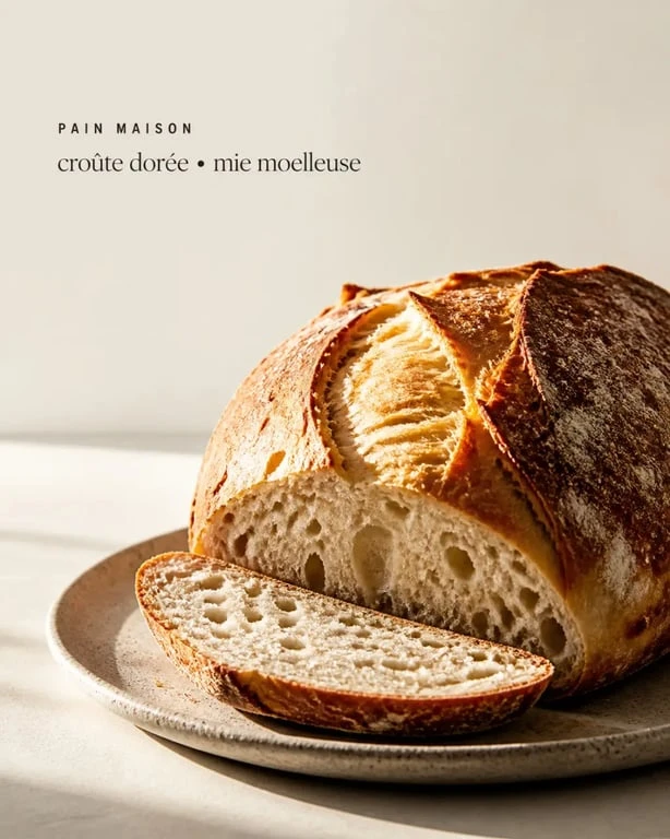 Recette pain maison avec pain doré et mie moelleuse sur table rustique