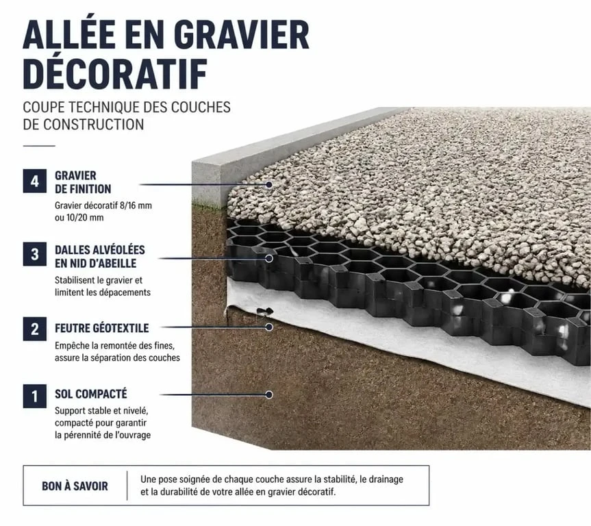 Schéma technique de pose de gravier décoratif avec géotextile et dalles alvéolées