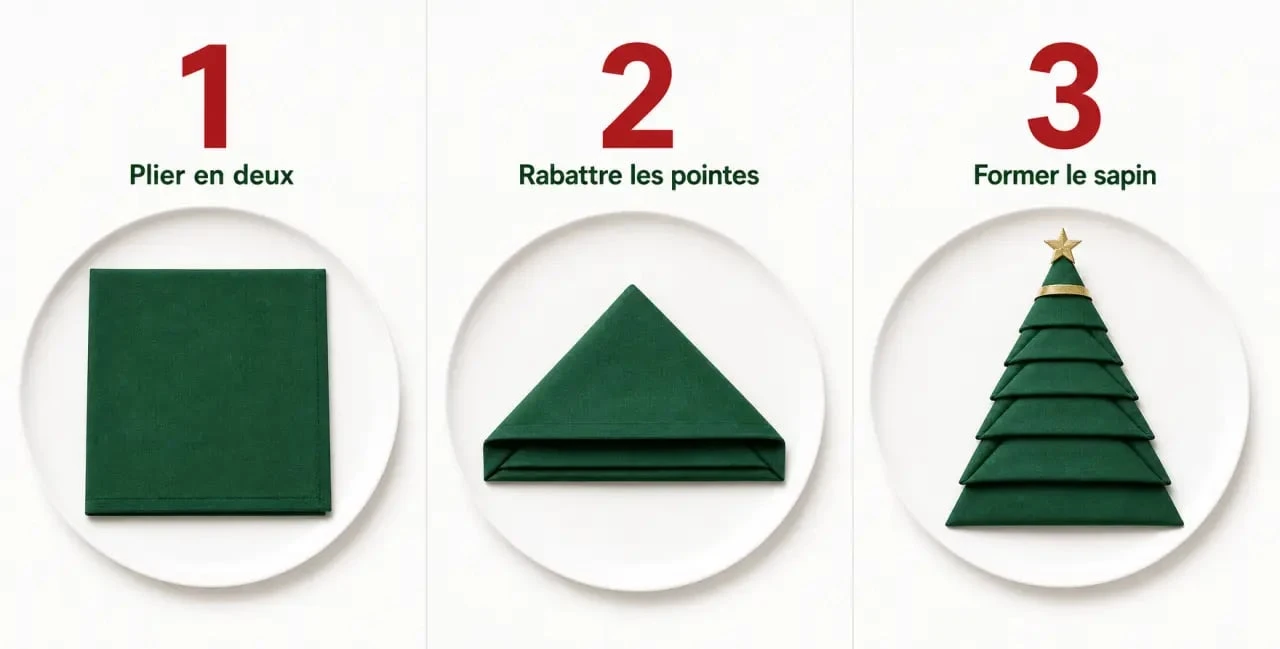 Pliage serviette noël simple en sapin, étape par étape