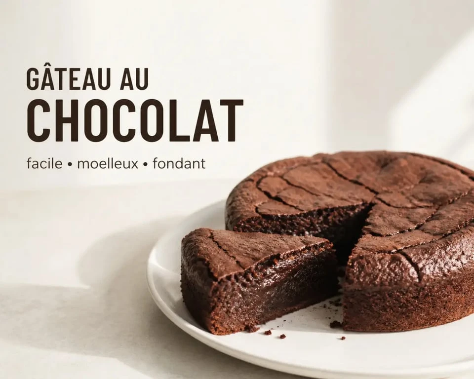 Recette gâteau au chocolat facile présenté en part fondante sur assiette blanche