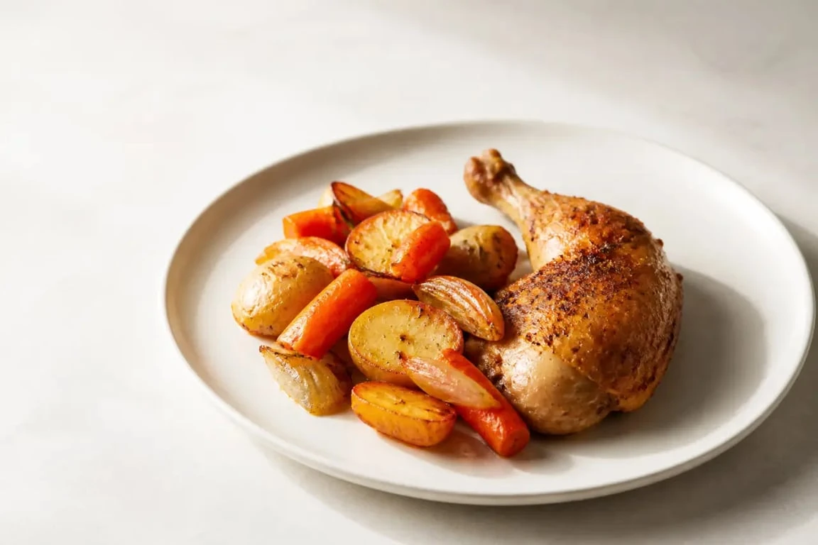 Recette Ninja Foodi français PDF gratuit : poulet, pommes de terre et légumes dorés dans une assiette familiale