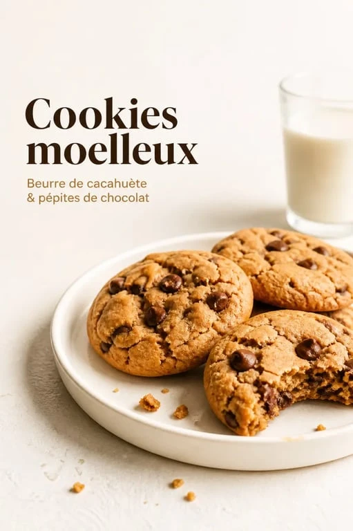 Recette avec beurre de cacahuète : cookies moelleux aux pépites de chocolat sur une assiette blanche
