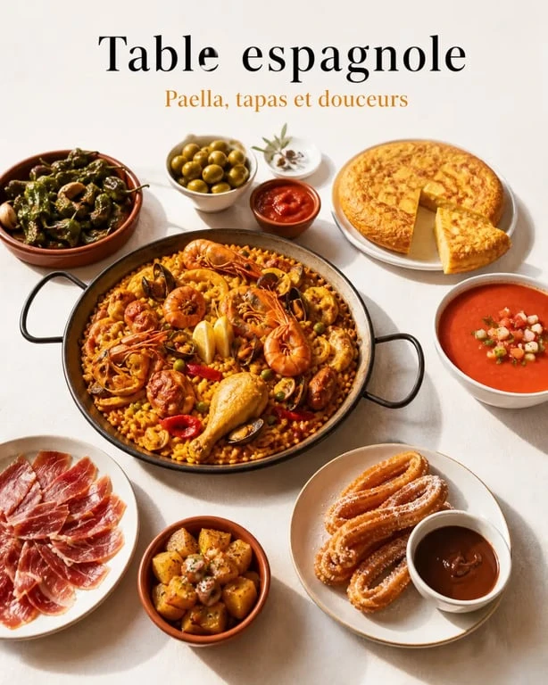 Table conviviale de plats espagnols typiques