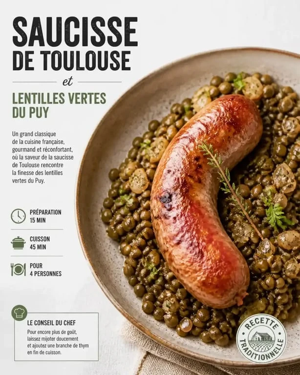 Saucisse de Toulouse aux lentilles, une recette traditionnelle française savoureuse.