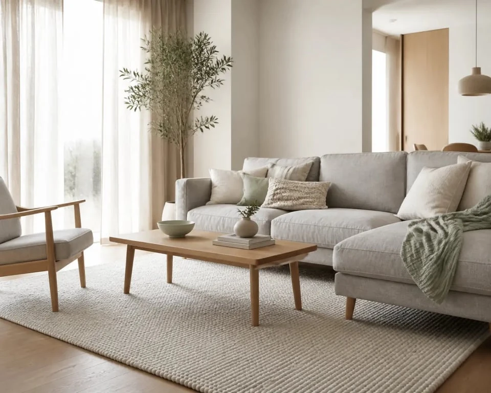 Salon gris et blanc scandinave avec bois clair, tapis écru et rideaux en lin