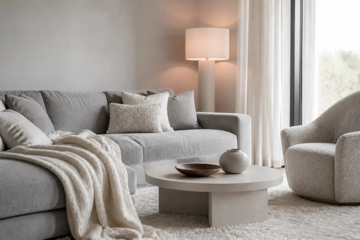 Salon gris et blanc cocooning avec canapé gris, plaid crème et tapis moelleux