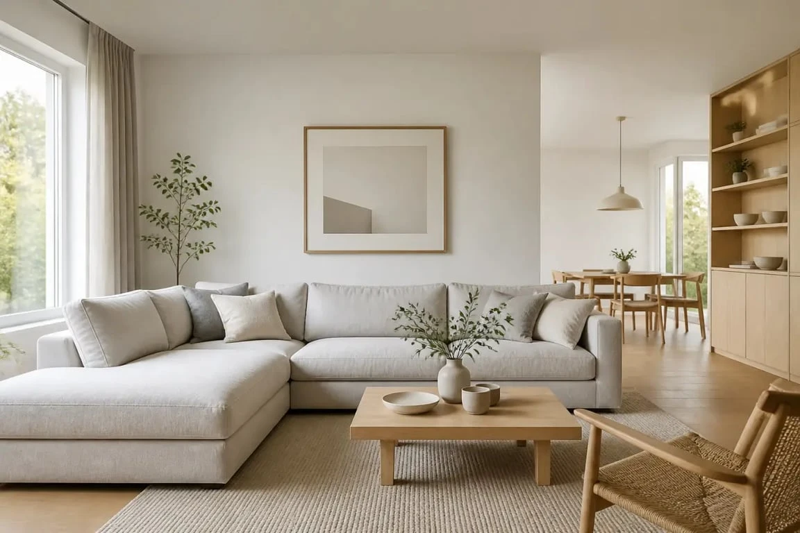 Salon gris et blanc lumineux avec canapé gris perle, bois clair et textiles en lin