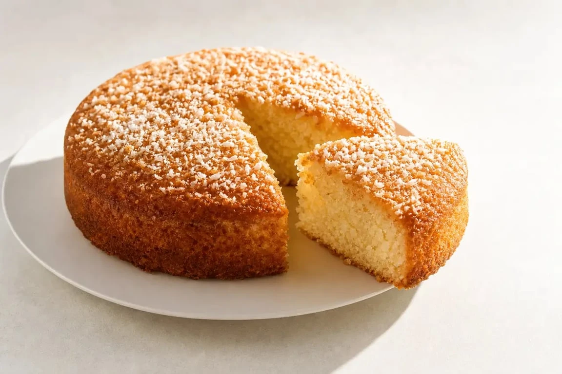 Recette gateau noix de coco moelleux présenté sur une assiette blanche avec une part découpée