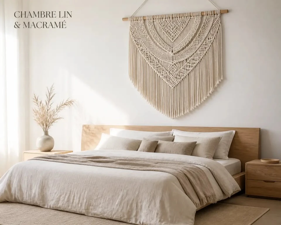 Déco macrame dans une chambre avec tête de lit adoucie par une tenture