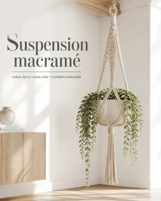 Déco macrame avec suspension pour plante dans un intérieur lumineux