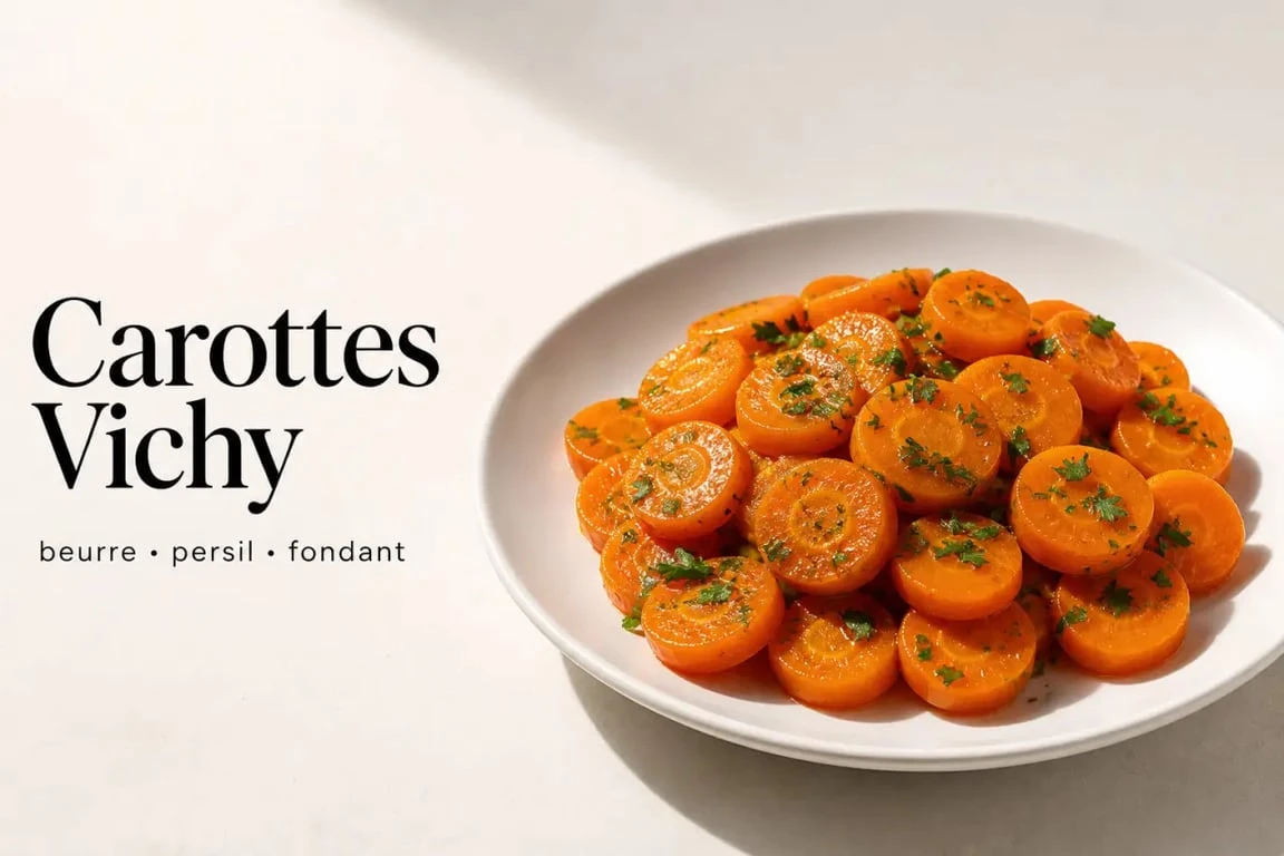 Recette carotte : carottes Vichy fondantes dressées en assiette, vue gourmande en 3/4
