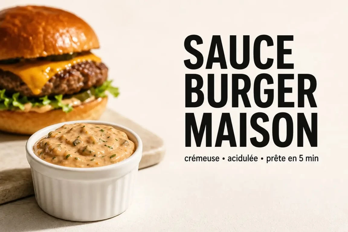 Sauce burger maison servie avec un hamburger maison, texture crémeuse et gourmande