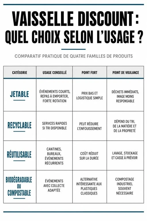 Infographie vaisselle discount : comparaison entre vaisselle jetable, recyclable, réutilisable et compostable