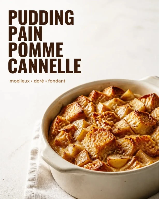Recettes avec pain : pudding moelleux au pain, pommes et cannelle servi chaud dans un plat rustique