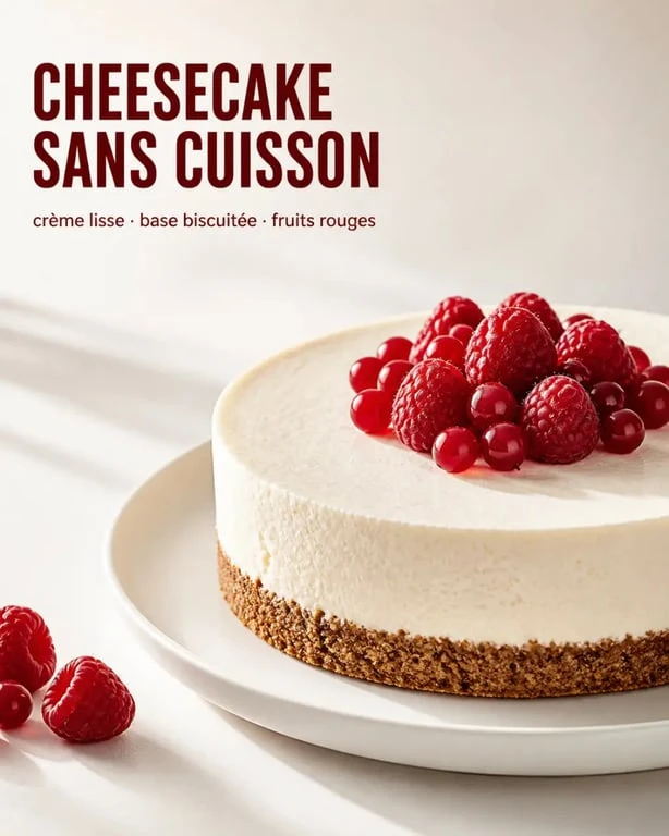 Recette cheesecake sans cuisson dressée sur assiette blanche, vue trois-quarts, base biscuitée nette et crème fondante