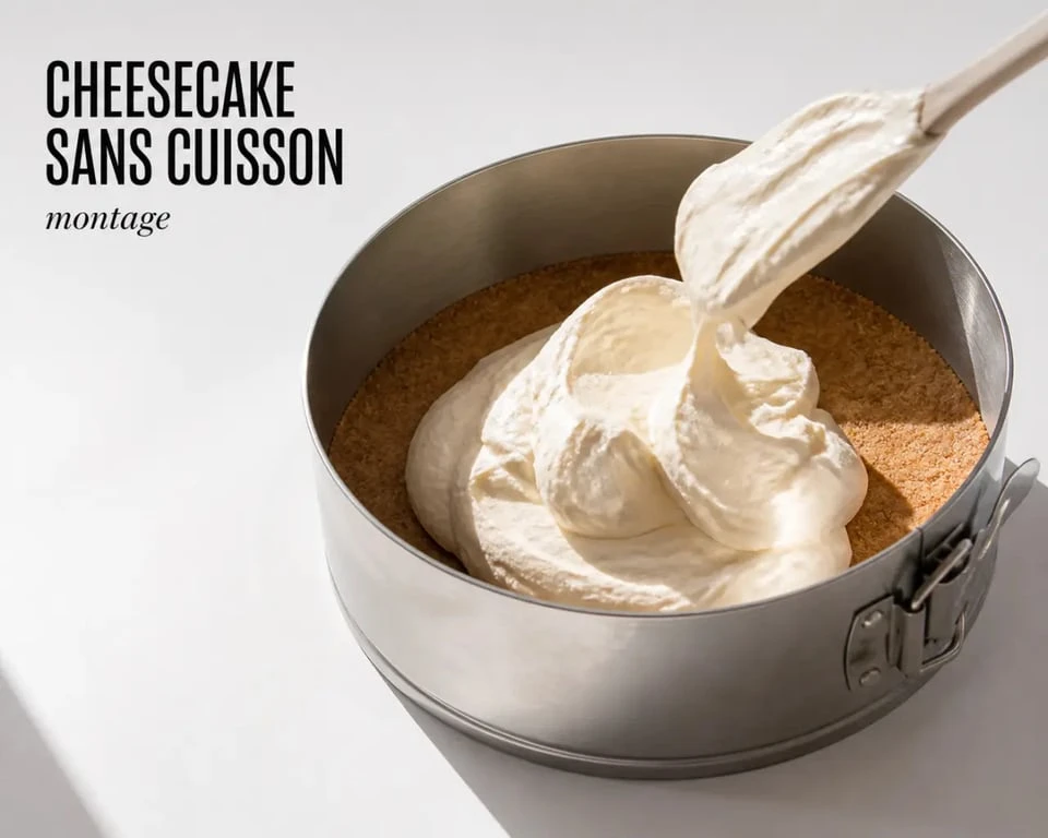 Recette cheesecake en préparation avec base biscuitée dans un moule à charnière et crème au cream cheese