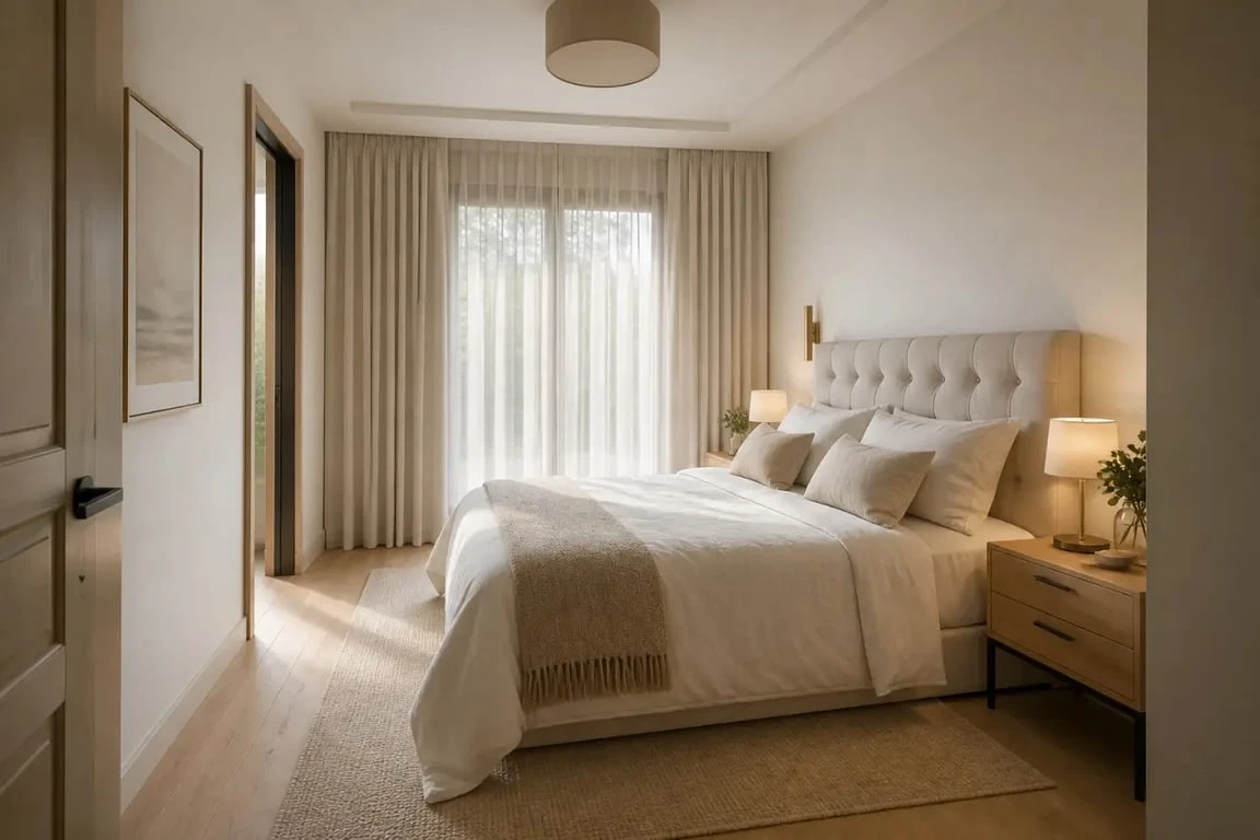 Déco chambre adulte chic dans une chambre lumineuse avec lit en lin, tête de lit beige et bois clair