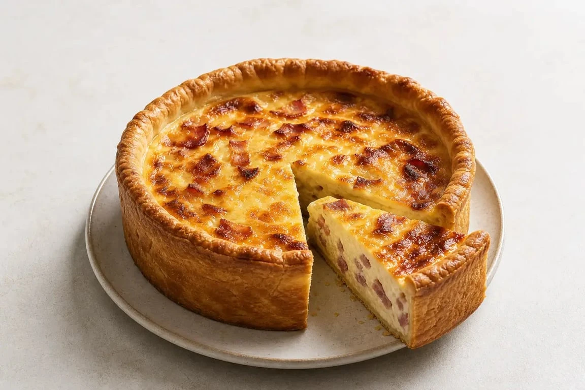 Quiche lorraine épaisse et moelleuse dorée et fondante servie dans un moule haut