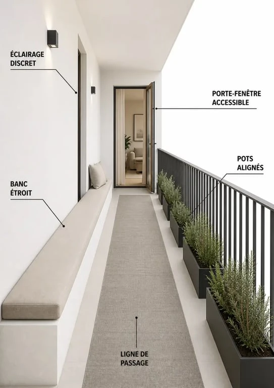Aménager son balcon en longueur en gardant une circulation fluide