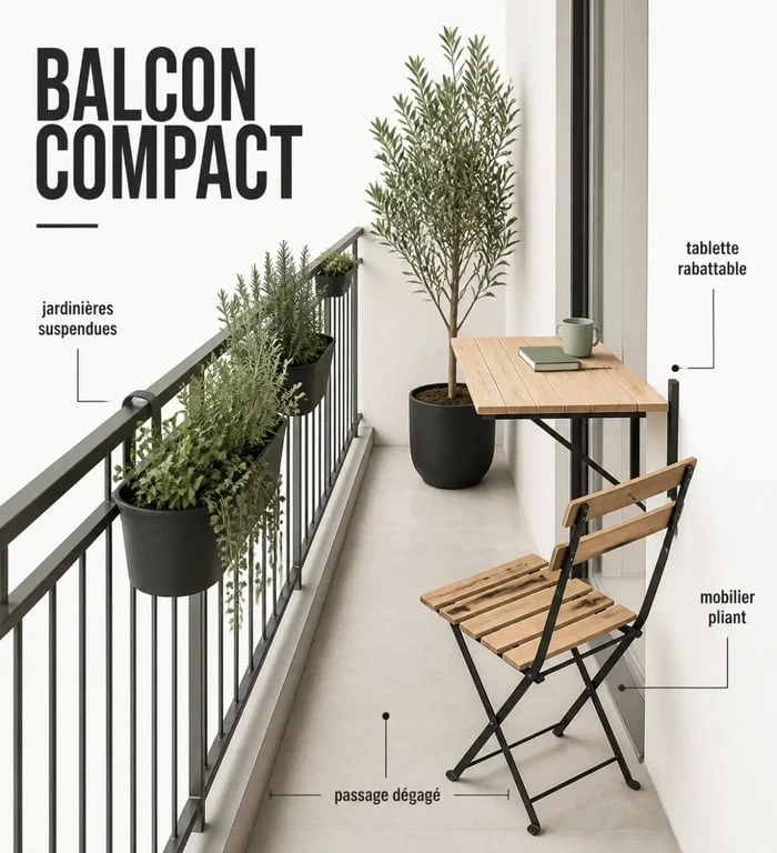 Aménager son balcon étroit avec mobilier pliant et jardinières suspendues