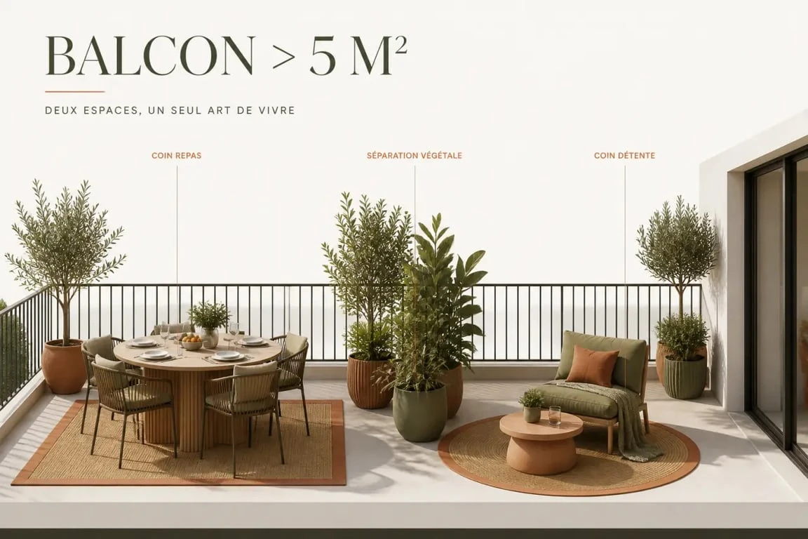 Aménager son balcon de plus de 5 m² avec coin repas, coin détente et plantes