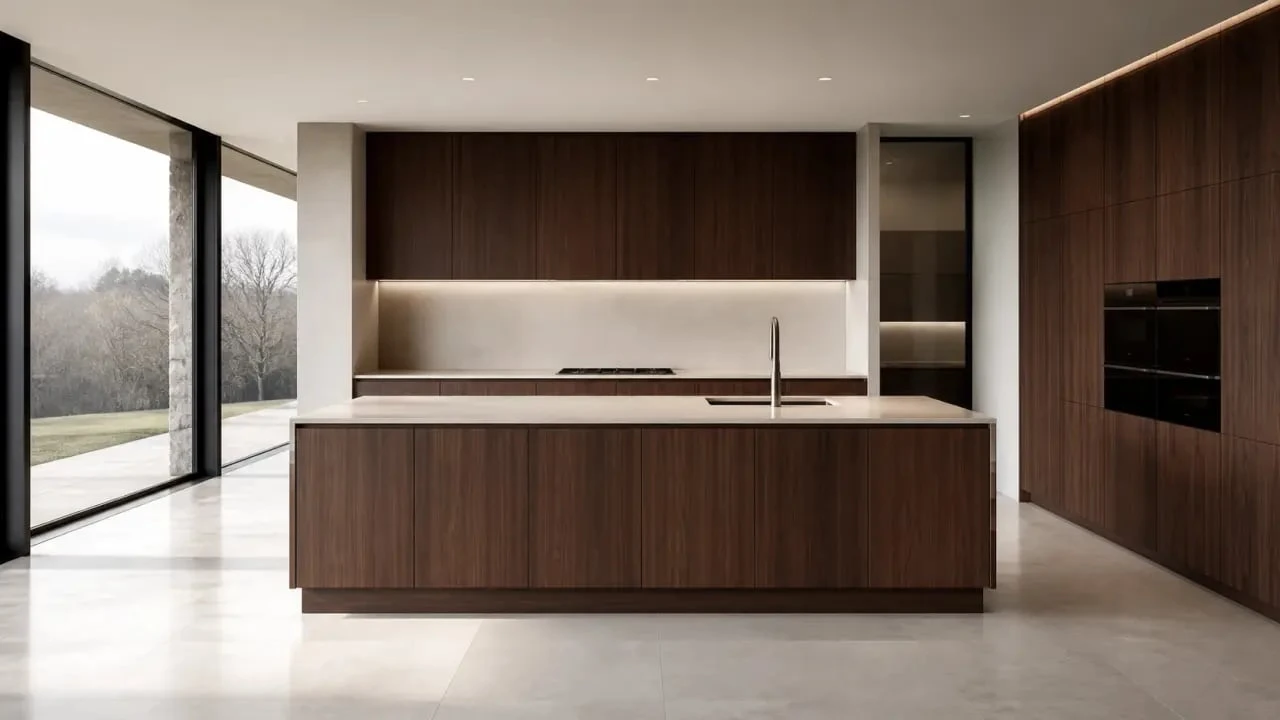 Cuisine noyer contemporaine avec façades bois et plan de travail clair